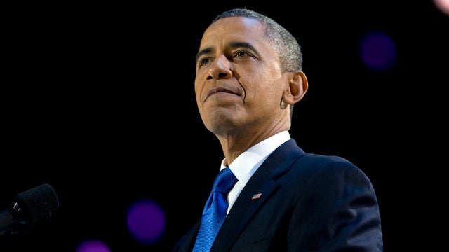 President Barack Obama pauses as he speaks at the election night party at McCormick Place, Wednesday, Nov. 7, 2012, in Chicago. Obama defeated Republican challenger former Massachusetts Gov. Mitt Romney.  