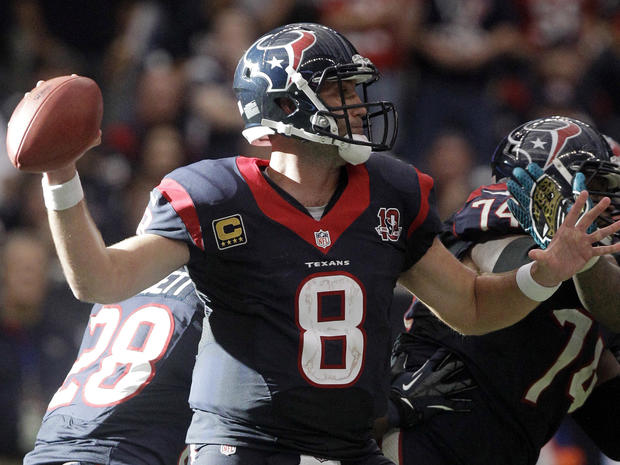 Houston Texans quarterback Matt Schaub throws a pass against the Jacksonville Jaguars in overtime at an NFL football game on Sunday, Nov. 18, 2012, in Houston. The Texans won 43-37. 