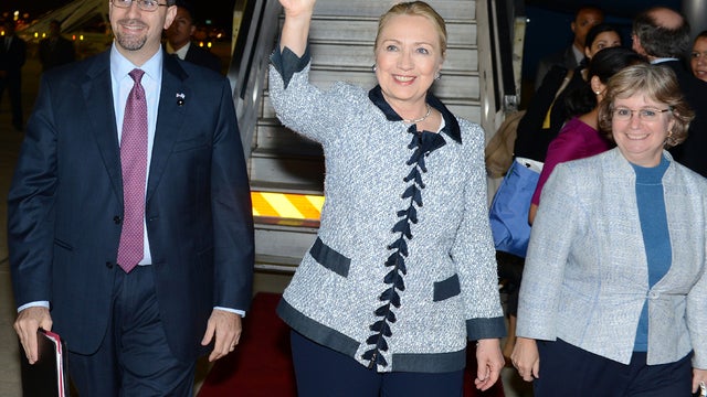 U.S. Secretary of State Hillary Clinton arrives in Tel Aviv, Israel, Nov. 20, 2012, in this handout picture provided by U.S. Embassy Tel Aviv. 