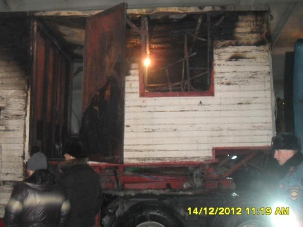 Russian circus elephants' burned trailer 