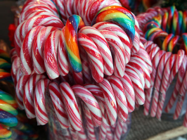 Christmas candy and candy canes stand on display for sale at the Christmas market at Gendarmenmarkt square on the market's opening day Nov. 21, 2011, in Berlin. 