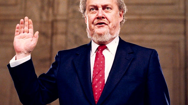 Judge Robert Bork, nominated by President Ronald Reagan to be an associate justice of the U.S. Supreme Court, is sworn in before the Senate Judiciary Committee on Capitol Hill at his confirmation hearing in Washington Sept. 15, 1987. 