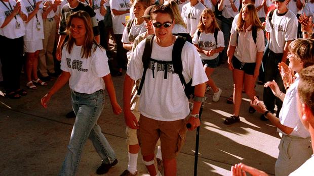 Patrick Ireland at Columbine High School's reopening in August 1999. 