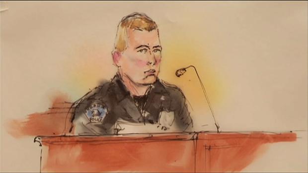 A police officer testifies about the Aurora movie theater shooting during a court hearing in Centennial, Colo., on Monday, January 7, 2013. 