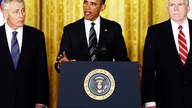 President Barack Obama announces in the East Room of the White House in Washington, Monday, Jan. 7, 2013, that he is nominating Deputy National Security Adviser for Homeland Security and Counterterrorism, John Brennan, right, as the new director of the CI 