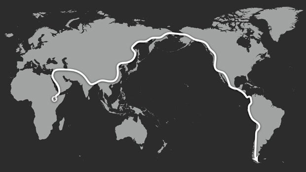 This graphic released by the National Geographic Society on Thursday, Jan. 10, 2013, shows the route Paul Salopek will take on his planned 21,000-mile walk. 