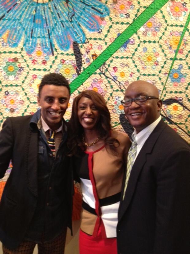 Chef Marcus Samuelsson &amp; 1010 WINS Producer Sharon Barnes -Waters and &amp; Anchor Larry Mullins 