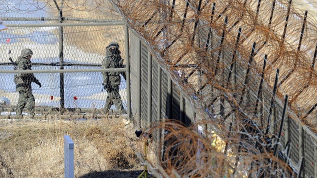 South Korean soldiers patrol in Paju, near the Demilitarized Zone 