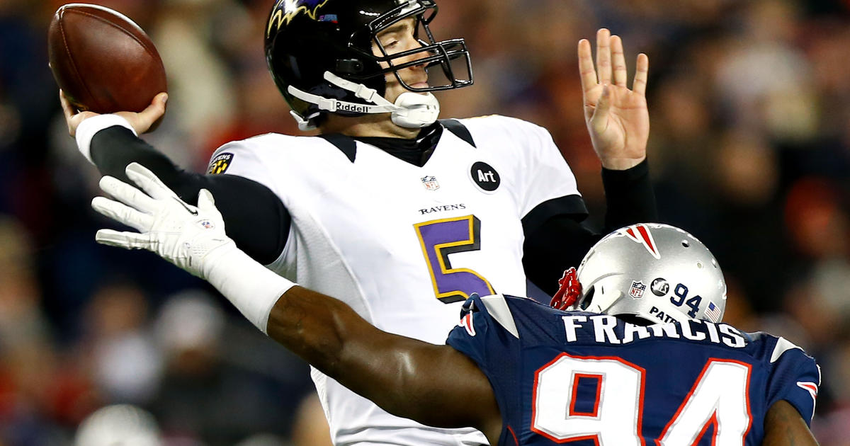 Baltimore Ravens Joe Flacco throws a pass in the fourth quarter against the  New England Patriots in the AFC Championship Game at Gillette Stadium in  Foxboro Massachusetts on January 22, 2012. The