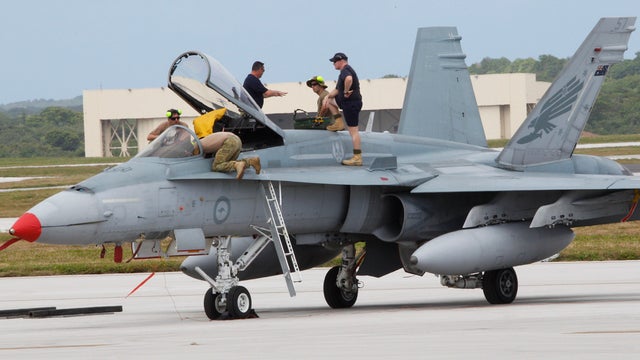 An Australian fighter jet is readied for a training mission during the Cope North military exercises 