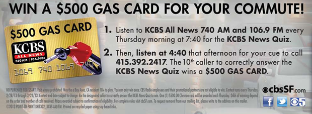 $500 KCBS Gas Card Giveaway 