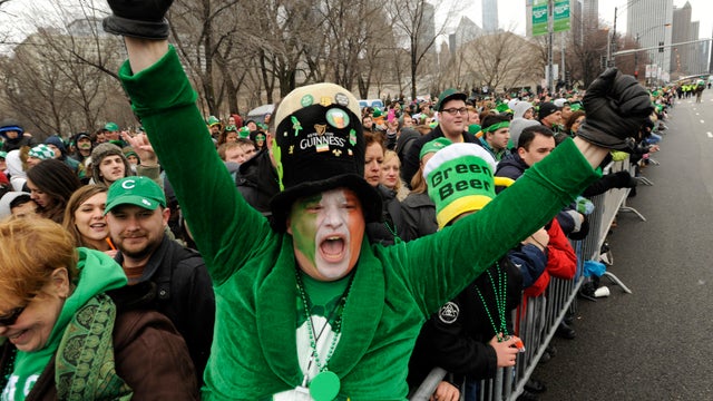 David Westerby of Kenosa, Wis., yells during the St. Patrick's Day parade in Chicago March, 16, 2013. With the holiday itself falling on a Sunday, many celebrations were scheduled instead for Saturday because of religious observances. 