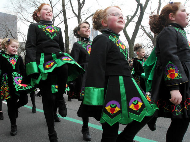 Members of the Emerald Isle Step Dancers, from Wilkes-Barre, Pa., make their way up New York's Fifth Avenue as they take part in the St. Patrick's Day Parade March 16, 2013. 