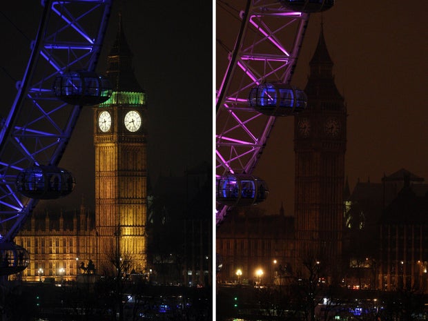 A photo combination shows Elizabeth Tower, which houses Big Ben at the Houses of Parliament in London, illuminated, left, and then in darkness as the lights were turned off to mark Earth Hour 2013 March 23, 2013.