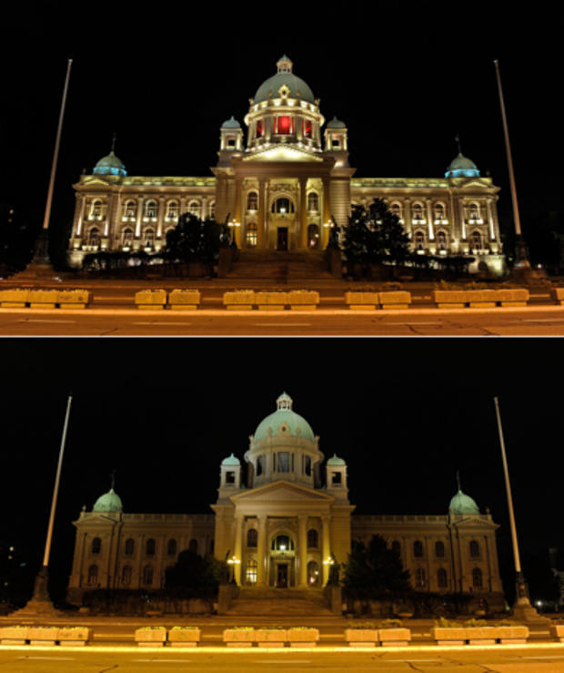 This combination picture shows the Serbian National Assembly building in Belgrade before and after submerging into darkness as part of the Earth Hour switch-off March 23, 2013. 