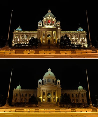 This combination picture shows the Serbian National Assembly building in Belgrade before and after submerging into darkness as part of the Earth Hour switch-off March 23, 2013.