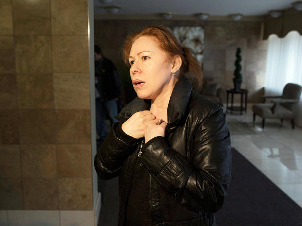 Maret Tsarnaeva, an aunt of the two suspects in the Boston Marathon bombing, speaks to journalists in the lobby of her apartment building in Toronto on Friday April 19, 2013. Tamerlan Tsarnaev, a 26-year-old who had been known to the FBI as Suspect No. 1 and was seen in surveillance footage in a black baseball cap, was killed overnight, officials said. His brother, a 19-year-old college student who was dubbed Suspect No. 2 and was seen wearing a white, backward baseball cap in the images from Monday's deadly bombing at the marathon finish line, escaped. 