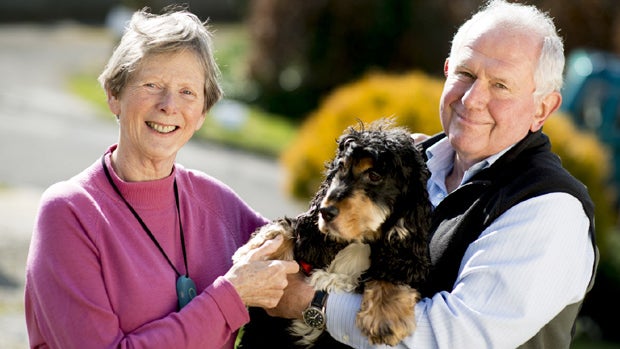 This undated photo released by Chichester District Council shows Gill Stoneham, who has dementia, and her husband Bernard in Chichester, England.Gill has a GPS tracking device around her neck. 