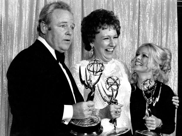 Cast members of "All in the Family," from left, Carroll O'Connor, Jean Stapleton and Sally Struthers, pose with their Emmys backstage at the 24th annual Emmy Awards in Hollywood, Calif., May 14, 1972. 