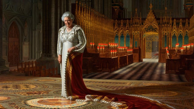 photo of painting by Ralph Heimans entitled 'The Coronation Theatre, Westminster Abbey: A Portrait of Her Majesty Queen Elizabeth II, 2012 
