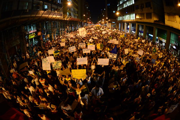 Thousands of demonstrators march in downtown Niteroi, near Rio de Janeiro 
