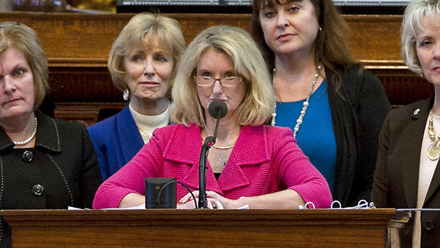 Rep. Jodie Laubenberg, R-Parker, center, sponsor of Senate Bill 5, is flanked by fellow Republicans during the second reading of the abortion bill on the House floor of the Texas State Capitol in Austin, Texas, on Sunday, June 23, 2013. 