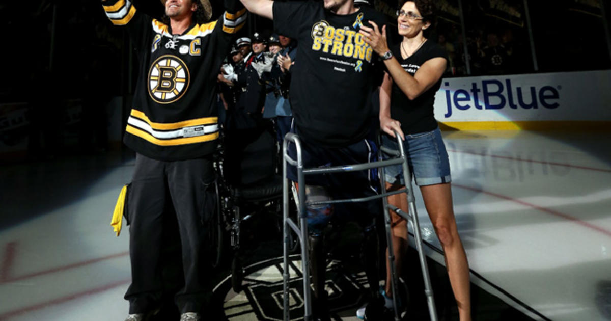 Bombing Survivor Jeff Bauman Stands During Pregame Ceremony At Bruins