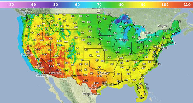 This graphical forecast provided by the National Weather Service shows projected high temperatures across the United States for June 29, 2013. 