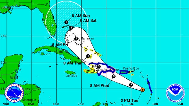 This graphic by the National Hurricane Center shows the location of Tropical Storm Chantal as of 4:00 p.m. ET on July 9, 2013 and its predicted route. 