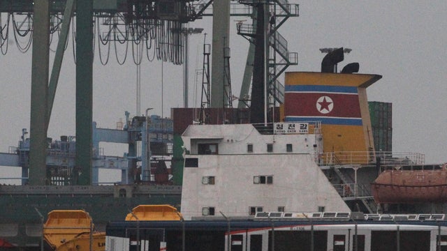 North Korean-flagged cargo ship Chong Chon Gang, yellow, sits docked at the Manzanillo International container terminal on the coast of Colon City, Panama 