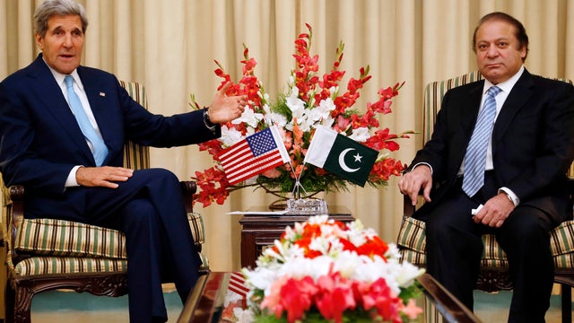 U.S. Secretary of State John Kerry, left, meets with Pakistan's Prime Minister Nawaz Sharif in Islamabad Aug. 1, 2013. 