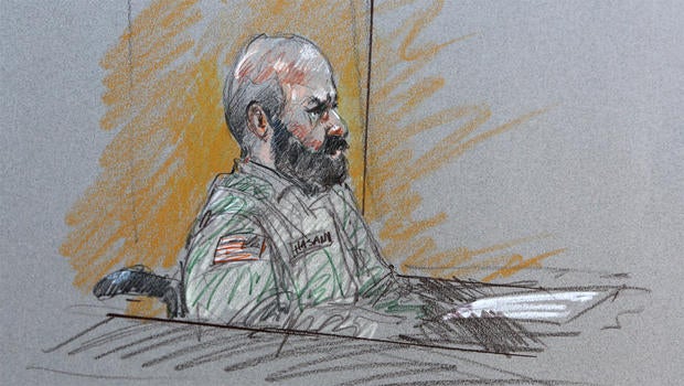 This court room sketch shows Maj. Nidal Malik Hasan during his court-martial Tuesday, Aug. 6, 2013, in Forth Hood, Texas. Hasan is representing himself against charges of murder and attempted murder for the 2009 attack that left 13 people dead at Forth Hood. 