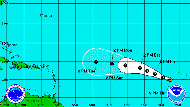 The location and forecast of Tropical Storm Erin as of Thursday, 5:00 p.m. ET. 