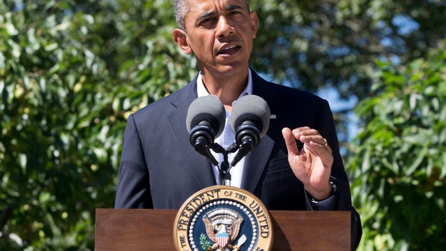 President Obama makes a statement to the media regarding events in Egypt from his rental vacation home in Chilmark, Mass., on the island of Martha's Vineyard Aug. 15, 2013. 
