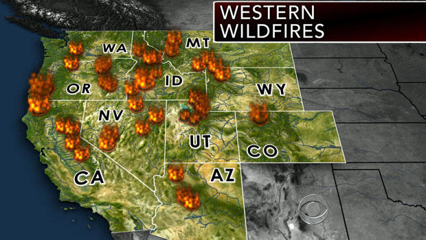 An image of wildfires burning in the Western U.S. as of August 19, 2013. 