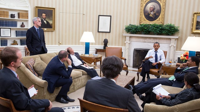 President Obama meets with senior advisers in the Oval Office to discuss the situation in Syria Aug. 30, 2013. 