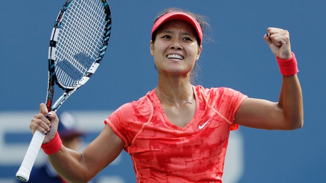 Li Na, of China, reacts after beating Ekaterina Makarova, of Russia, during the quarterfinals of the 2013 U.S. Open tennis tournament, Tuesday, Sept. 3, 2013, in New York. 