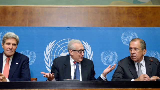 United Nations-Arab League special envoy for Syria Lakhdar Brahimi speaks at a press conference with Secretary of State John Kerry and Russian Foreign minister Sergey Lavrov 