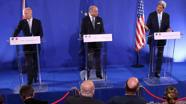 From left, British Foreign Affairs Secretary William Hague, French Foreign Affairs minister Laurent Fabius and U.S. Secretary of State John Kerry 