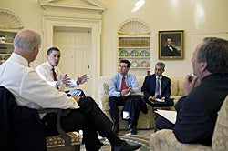 President Obama, Peter Orszag, Rahm Emanuel, Larry Summers 