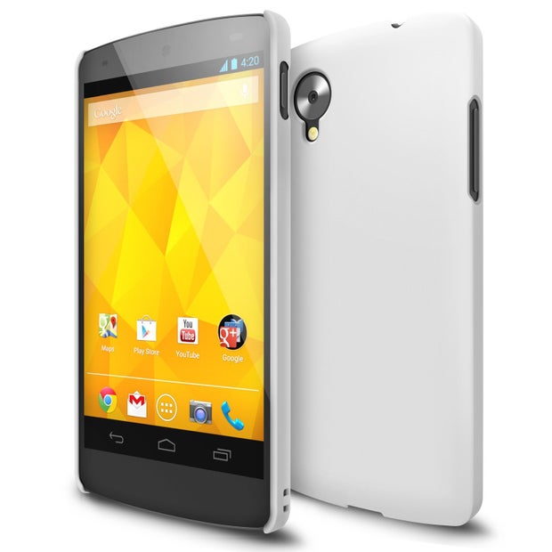 A white Ringke Slim case for the Google Nexus 5 phone, on sale at Amazon. 