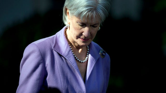 Health and Human Services Secretary Kathleen Sebelius arrives in the Rose Garden of the White House in Washington Oct. 21, 2013, for an event with President Obama on the initial rollout of the health-care overhaul. 