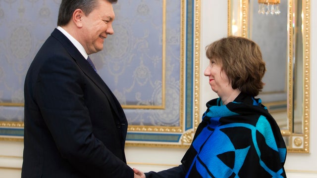 Ukraine's President Viktor Yanukovych, left, greets EU foreign policy chief Catherine Ashton prior to their talks in Kiev 