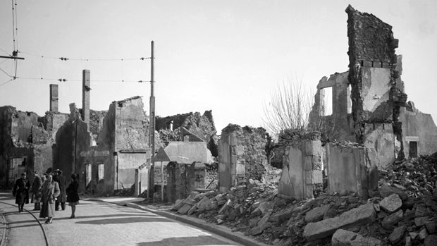 An undated picture shows the ruins of Oradour-sur-Glane, France, where 642 citizens, including dozens of women and children, were massacred and locked in a church that was then set on fire by Nazis June 10, 1944. 