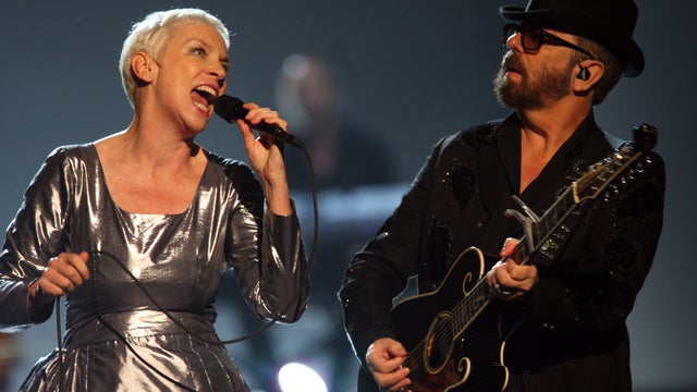 Annie Lennox and Dave Stewart of the Eurythmics perform at "The Night that Changed America: A Grammy Salute to the Beatles," Jan. 27, 2014, in Los Angeles. 