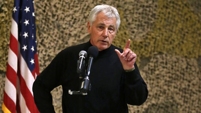 U.S. Secretary of Defense Chuck Hagel speaks to U.S. troops at Camp Bastion, Afghanistan 