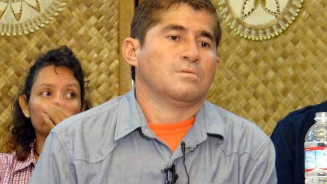 Jose Salvador Alvarenga of El Salvador attends a press conference in Majuro 