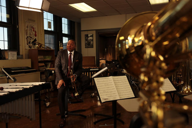 Wynton Marsalis, host of "The Whole Gritty City," reads his lines for the film about young musicians in New Orleans at at Arts High School in Newark, N.J. 