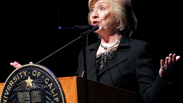 Former Secretary of State Hillary Rodham Clinton uses a teleprompter as she speaks to students at the University of California Los Angeles on the subject of leadership in Los Angeles March 5, 2014. 