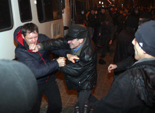 Pro-Russian supporters clash with pro-Ukrainian activists during a rally in the eastern Ukrainian city of Donetsk 